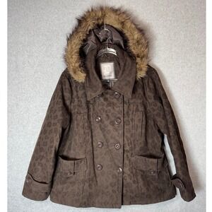 Dollhouse Coat Womens 2X Leopard Print Faux‎ Fur Hooded Brown Jacket